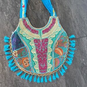 Embroidered Blue Bohemian Tote Bag